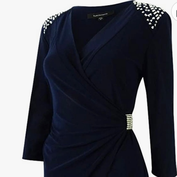 NWT. R & M Richards Navy blue embellished faux wrap dress. Size 20 - Picture 2 of 8